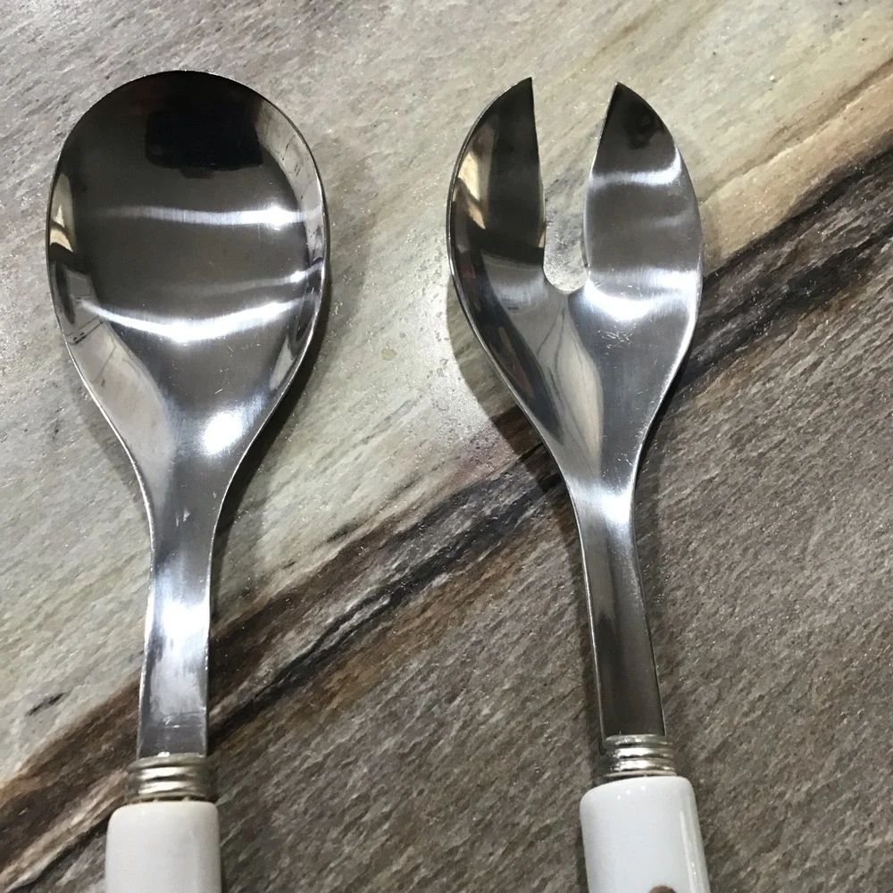 Vintage Salad Serving Set Blue Floral Porcelain Handle Spoon & Fork 8.5” Elegant